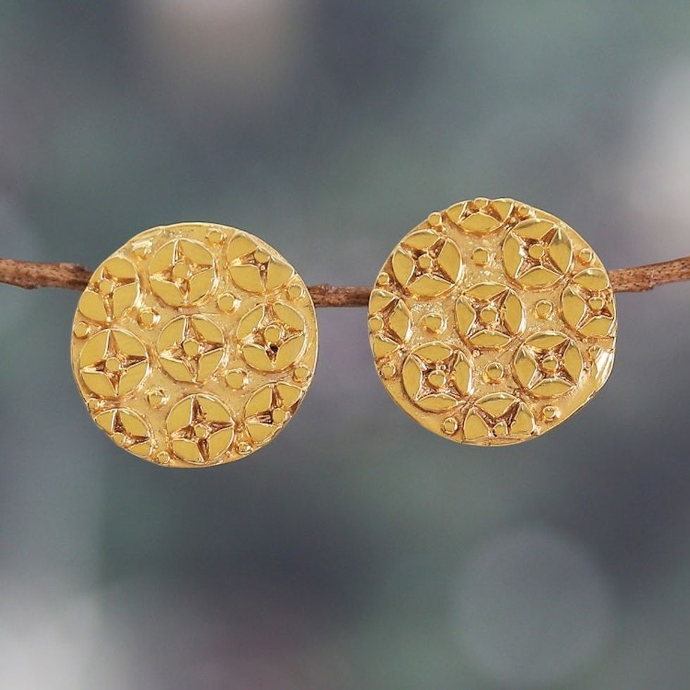 Star-Themed High-Polished Round Brass Button Earrings 'Symphony of Stars'