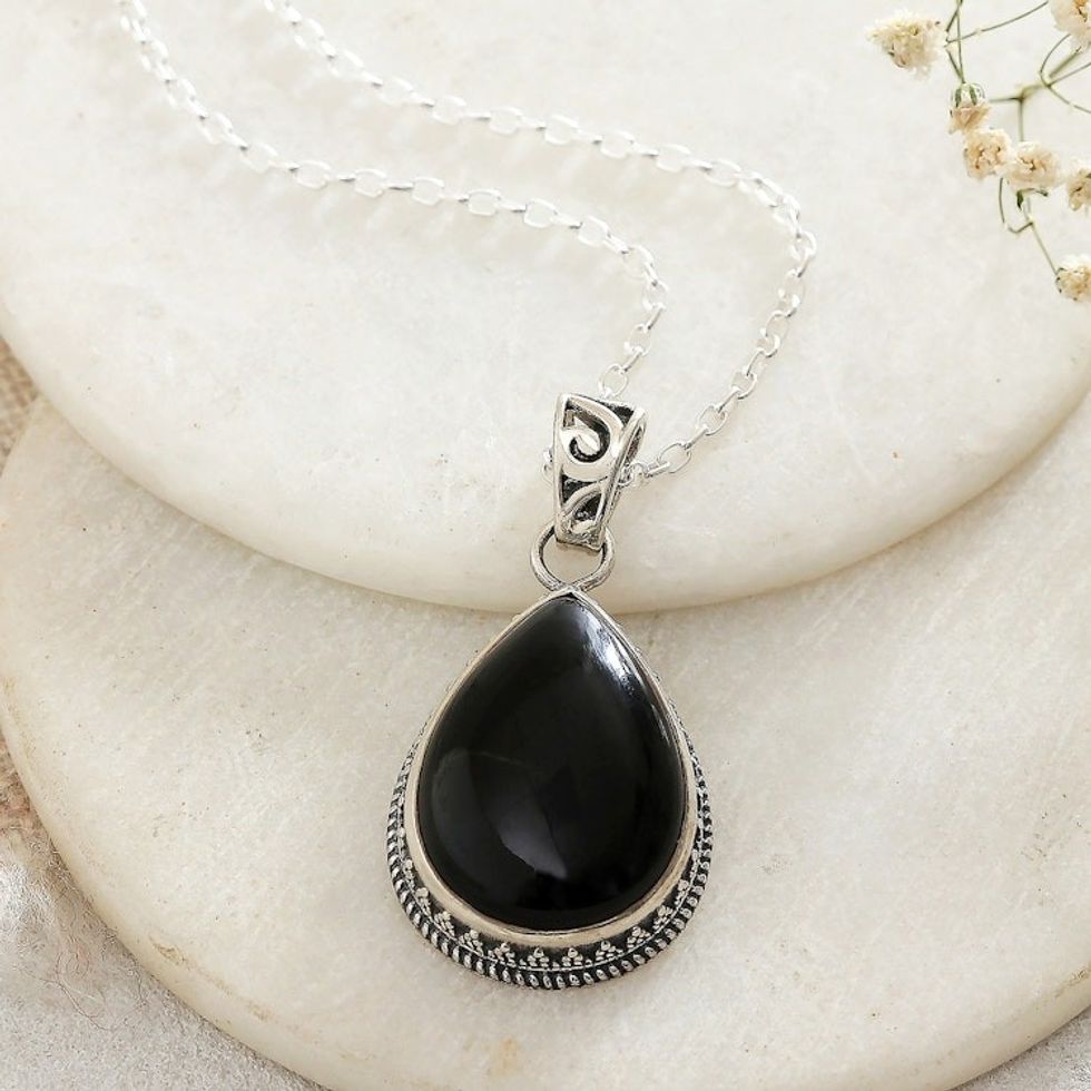 Sterling Silver Pendant Necklace with Black Onyx Stone 'Moonlit Brilliance'