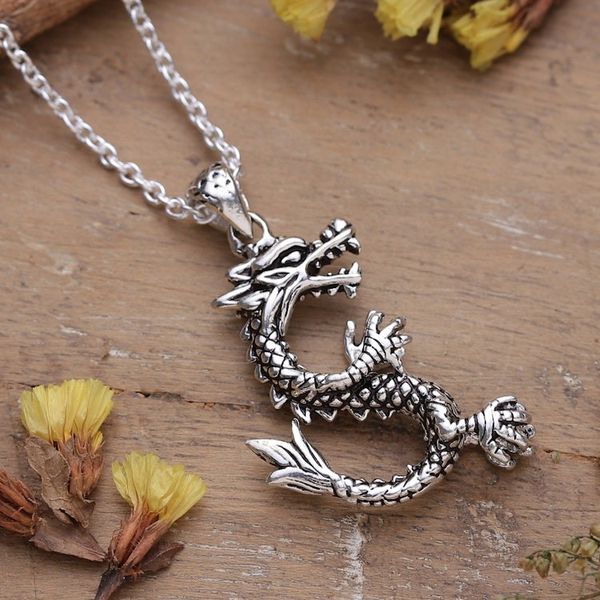 Alternate image for Classic Dragon-Shaped Sterling Silver Pendant Necklace Dragon Reign