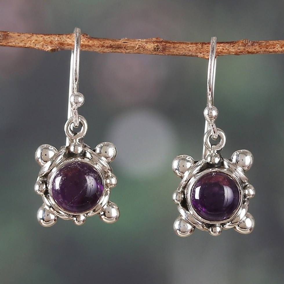 Sterling Silver and Amethyst Cabochon Dangle Earrings 'Wise Cosmos'