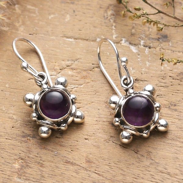 Alternate image for Sterling Silver and Amethyst Cabochon Dangle Earrings Wise Cosmos