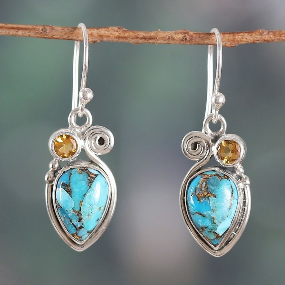 Citrine and Composite Turquoise Dangle Earrings from India 'Summer Success'