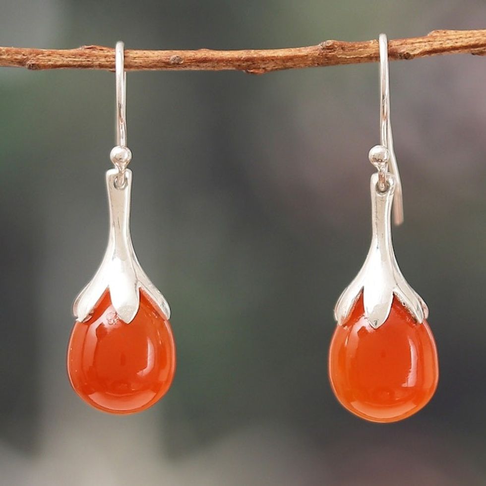 Polished Silver Dangle Earrings with Carnelian Stones 'Warm Sunset Elegance'
