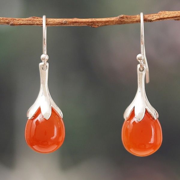 Alternate image for Polished Silver Dangle Earrings with Carnelian Stones Warm Sunset Elegance