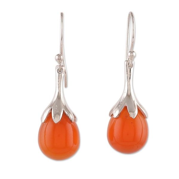 Alternate image for Polished Silver Dangle Earrings with Carnelian Stones Warm Sunset Elegance