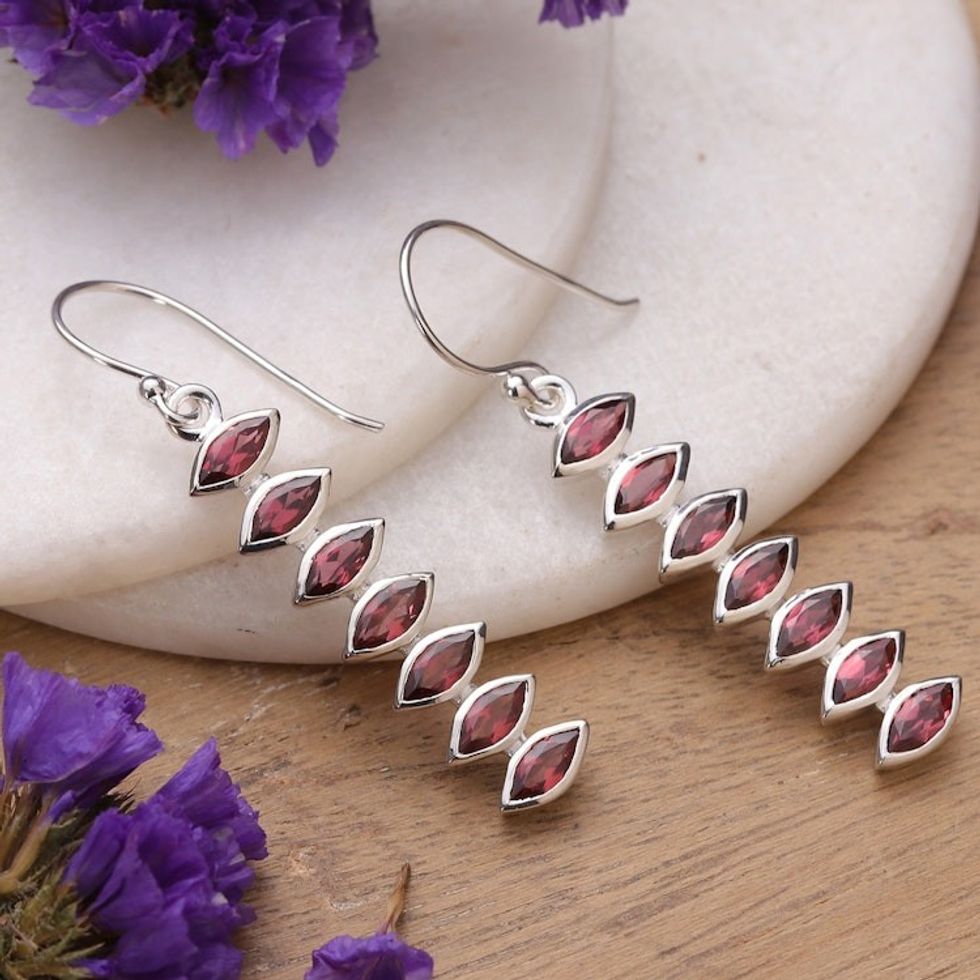 Polished Three-Carat Natural Garnet Dangle Earrings 'Romantic Balance'