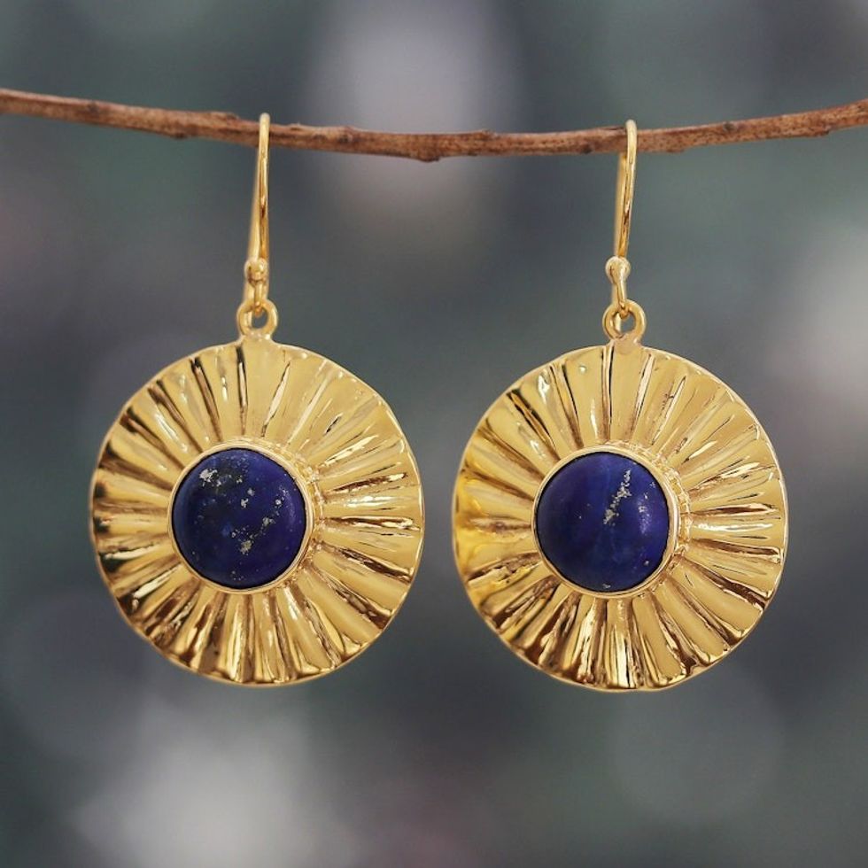 Sun-Themed Polished Brass and Lapis Lazuli Dangle Earrings 'Solar Intellect'