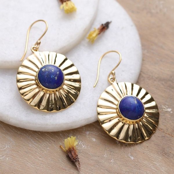 Alternate image for Sun-Themed Polished Brass and Lapis Lazuli Dangle Earrings Solar Intellect