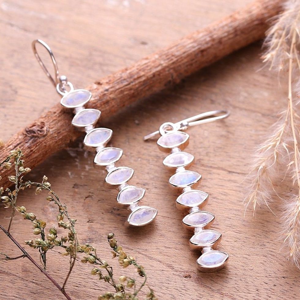 Natural 3-Carat Marquise Rainbow Moonstone Dangle Earrings 'Lunar Balance'