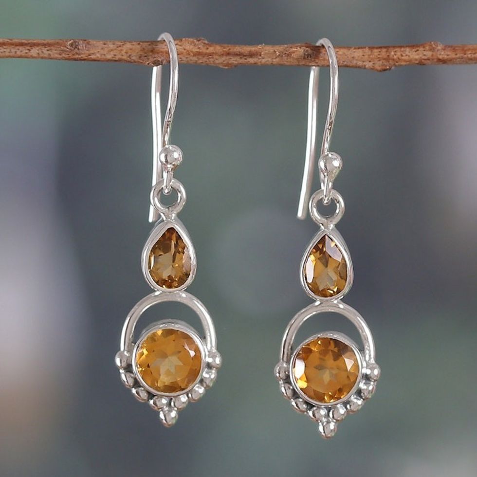 Two-Carat Faceted Pear and Round Citrine Dangle Earrings 'Successful Yellow'