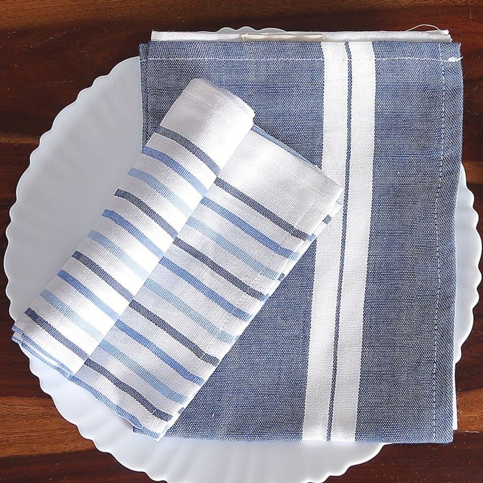 Set of 2 Handwoven Blue and White Striped Cotton Dish Towels 'Blue Taste'