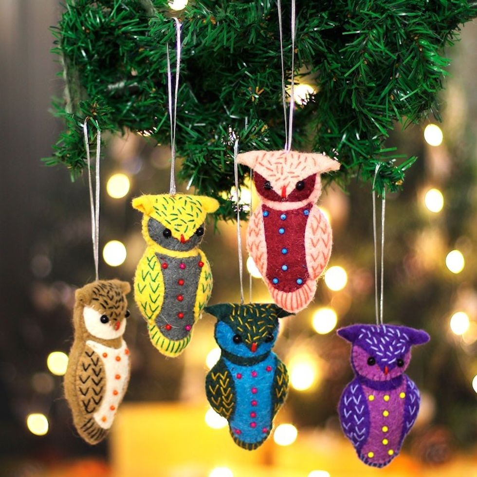 Set of 5 Handmade Owl-Themed Embroidered Wool Felt Ornaments 'Dancing Owls'