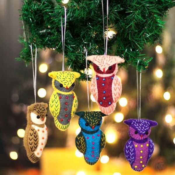 Alternate image for Set of 5 Handmade Owl-Themed Embroidered Wool Felt Ornaments Dancing Owls