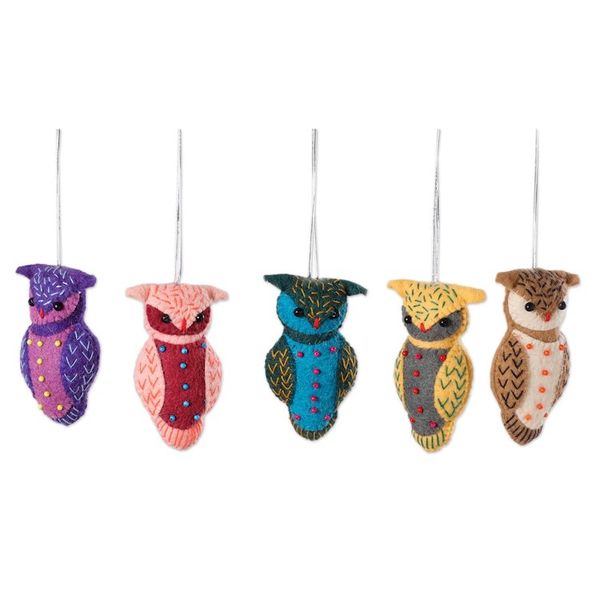 Alternate image for Set of 5 Handmade Owl-Themed Embroidered Wool Felt Ornaments Dancing Owls