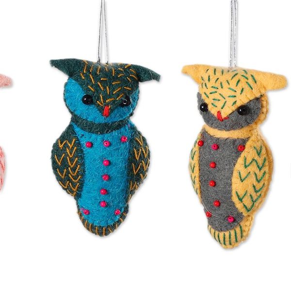 Alternate image for Set of 5 Handmade Owl-Themed Embroidered Wool Felt Ornaments Dancing Owls