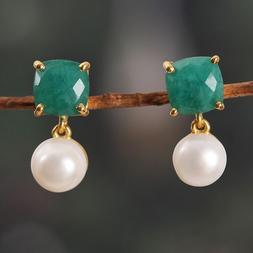 Gold-Plated Cultured Pearl and Green Beryl Dangle Earrings 'Blissful Dreams'