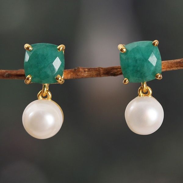 Alternate image for Gold-Plated Cultured Pearl and Green Beryl Dangle Earrings Blissful Dreams