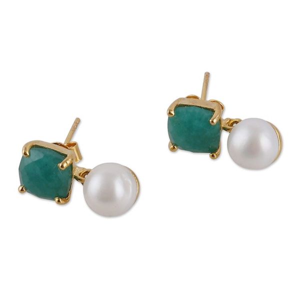 Alternate image for Gold-Plated Cultured Pearl and Green Beryl Dangle Earrings Blissful Dreams