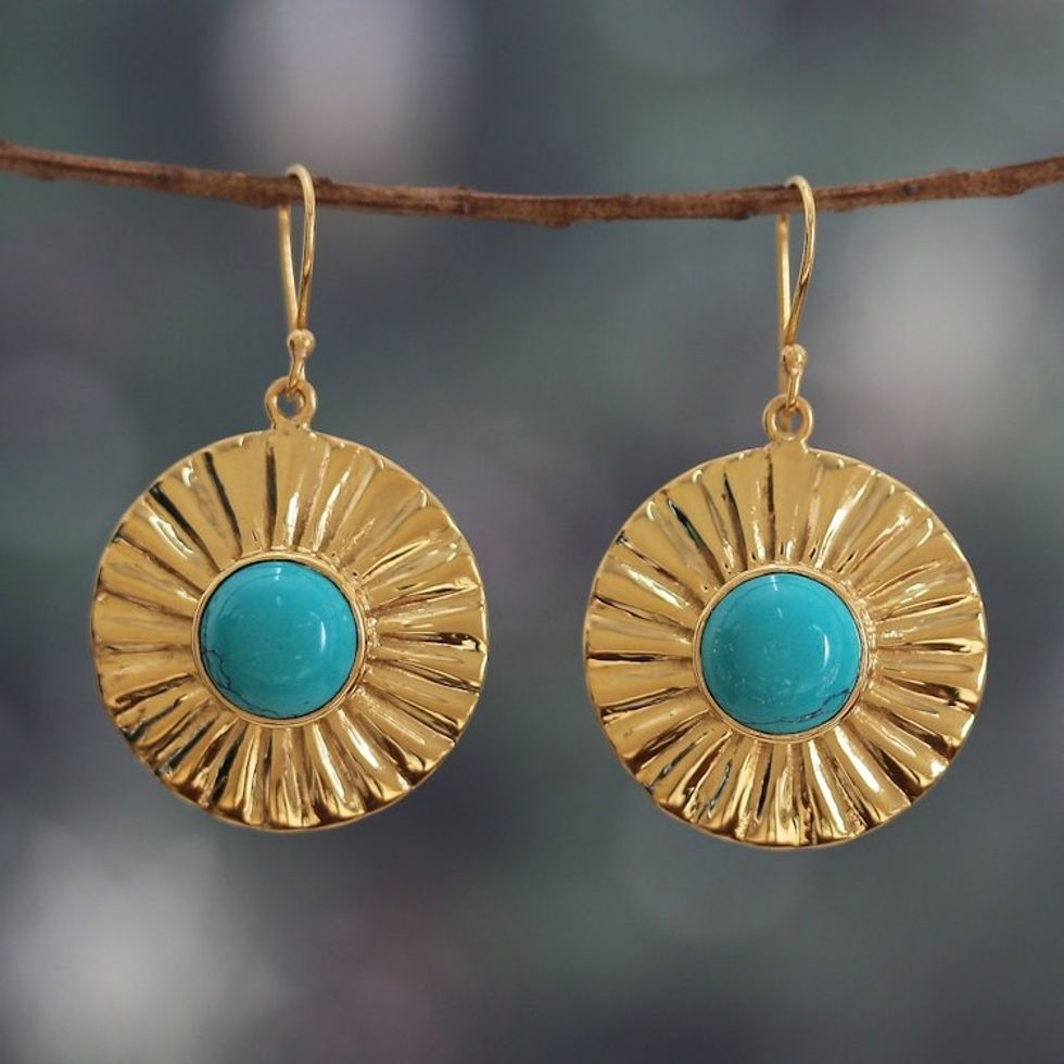 Sun-Themed Brass and Recon Turquoise Dangle Earrings 'Solar Calm'
