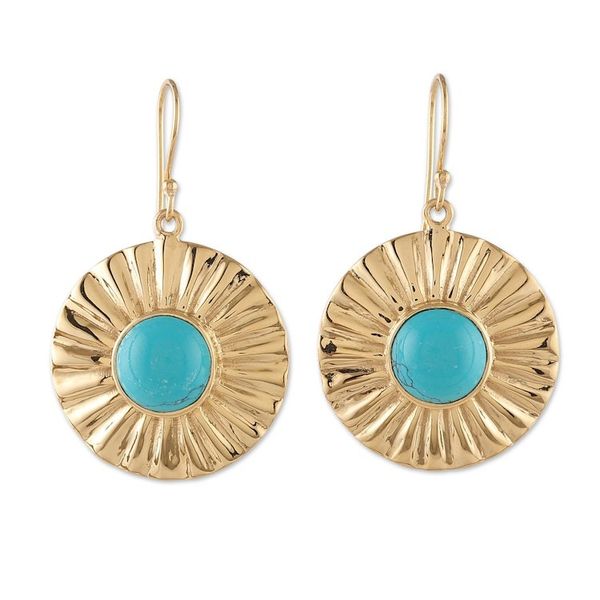Alternate image for Sun-Themed Brass and Recon Turquoise Dangle Earrings Solar Calm