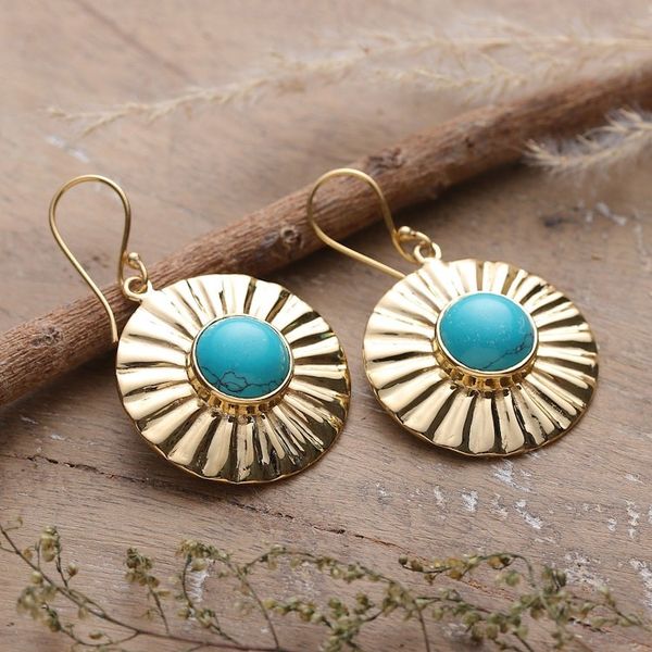 Alternate image for Sun-Themed Brass and Recon Turquoise Dangle Earrings Solar Calm