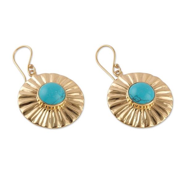 Alternate image for Sun-Themed Brass and Recon Turquoise Dangle Earrings Solar Calm