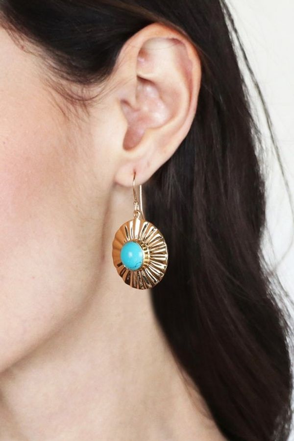 Alternate image for Sun-Themed Brass and Recon Turquoise Dangle Earrings Solar Calm