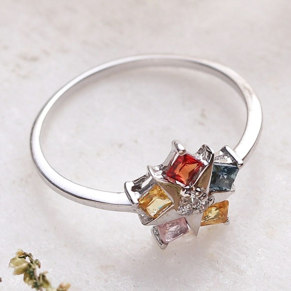 Rhodium-Plated Sapphire Cubic Zirconia Multi-Stone Star Ring 'Star Glam'