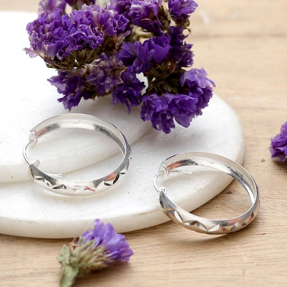 Sterling Silver Hoop Earrings with Diamond Motifs 'Petite Diamond Inspiration'