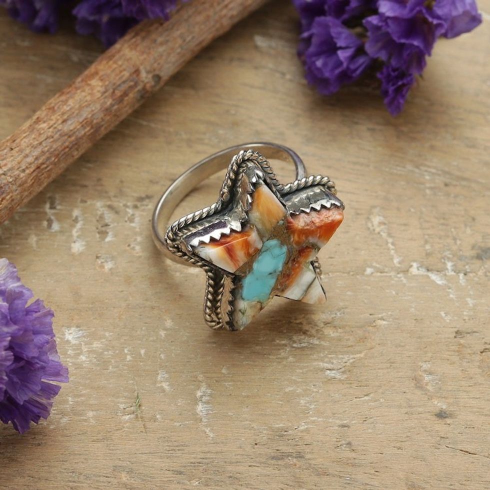 Star-Themed Cocktail Ring with Reconstituted Turquoise Stone 'Starry Festival'