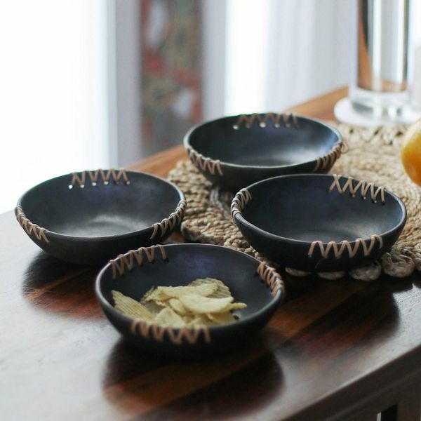 Alternate image for Set of 4 Handcrafted Round Black Ceramic Bowls Classic Saga