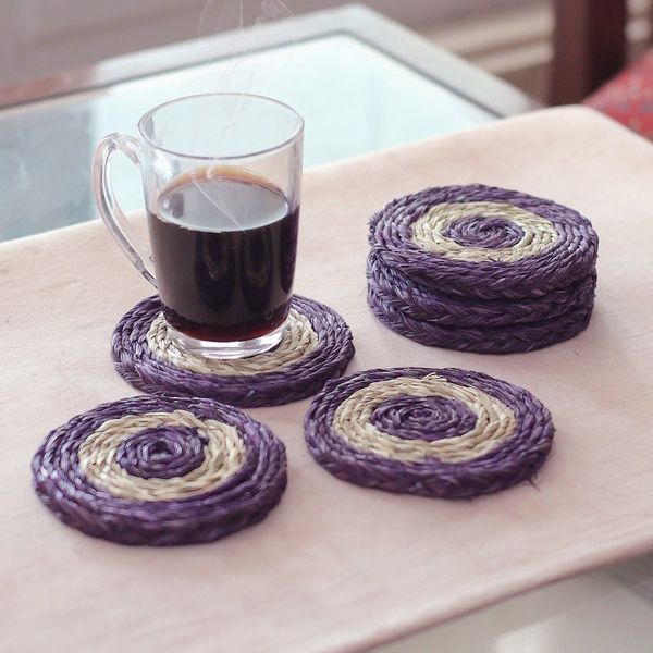 Alternate image for Set of Six Handwoven Round Purple Natural Fiber Coasters Wine Aura