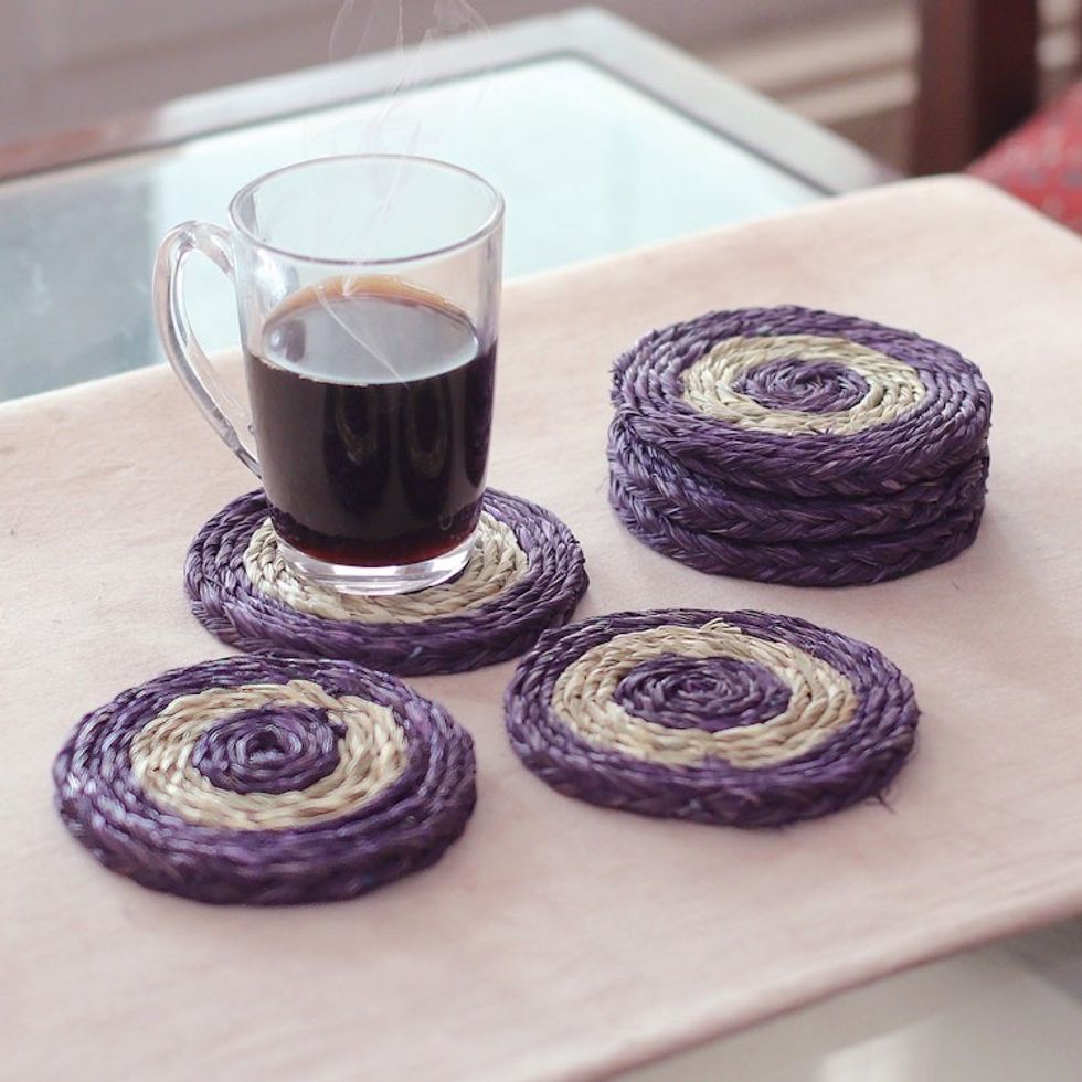 Set of Six Handwoven Round Purple Natural Fiber Coasters 'Wine Aura'
