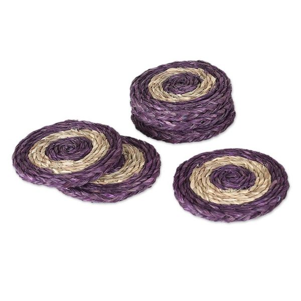 Alternate image for Set of Six Handwoven Round Purple Natural Fiber Coasters Wine Aura