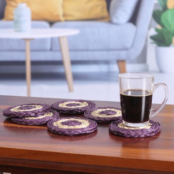 Alternate image for Set of Six Handwoven Round Purple Natural Fiber Coasters Wine Aura