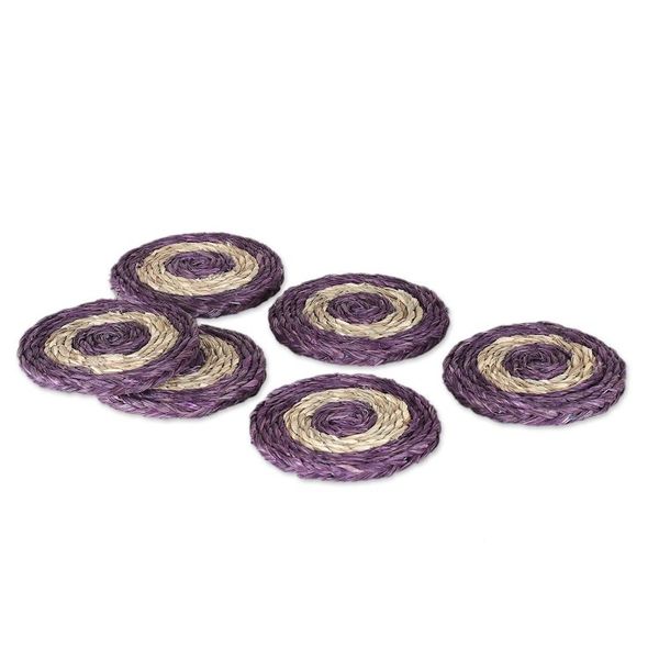 Alternate image for Set of Six Handwoven Round Purple Natural Fiber Coasters Wine Aura