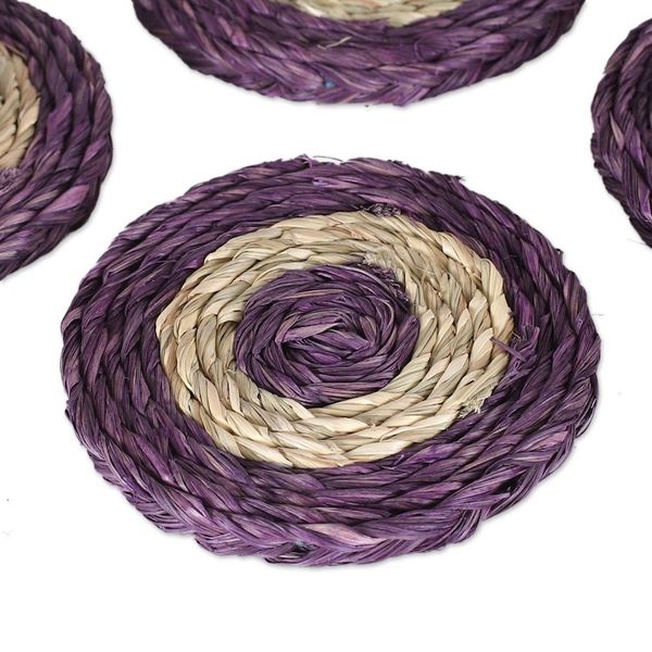 Alternate image for Set of Six Handwoven Round Purple Natural Fiber Coasters Wine Aura