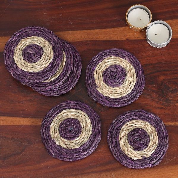 Alternate image for Set of Six Handwoven Round Purple Natural Fiber Coasters Wine Aura