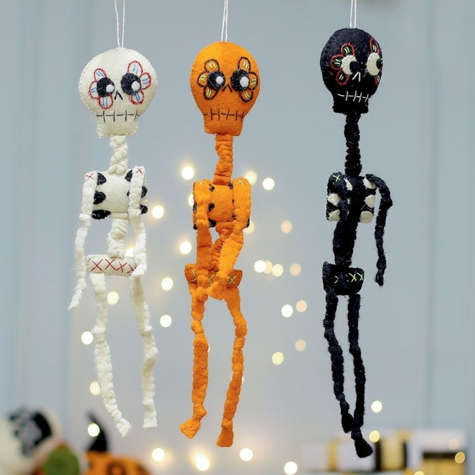 Set of Three Handcrafted Skeleton Wool Felt Decorations 'Skeleton Dance'