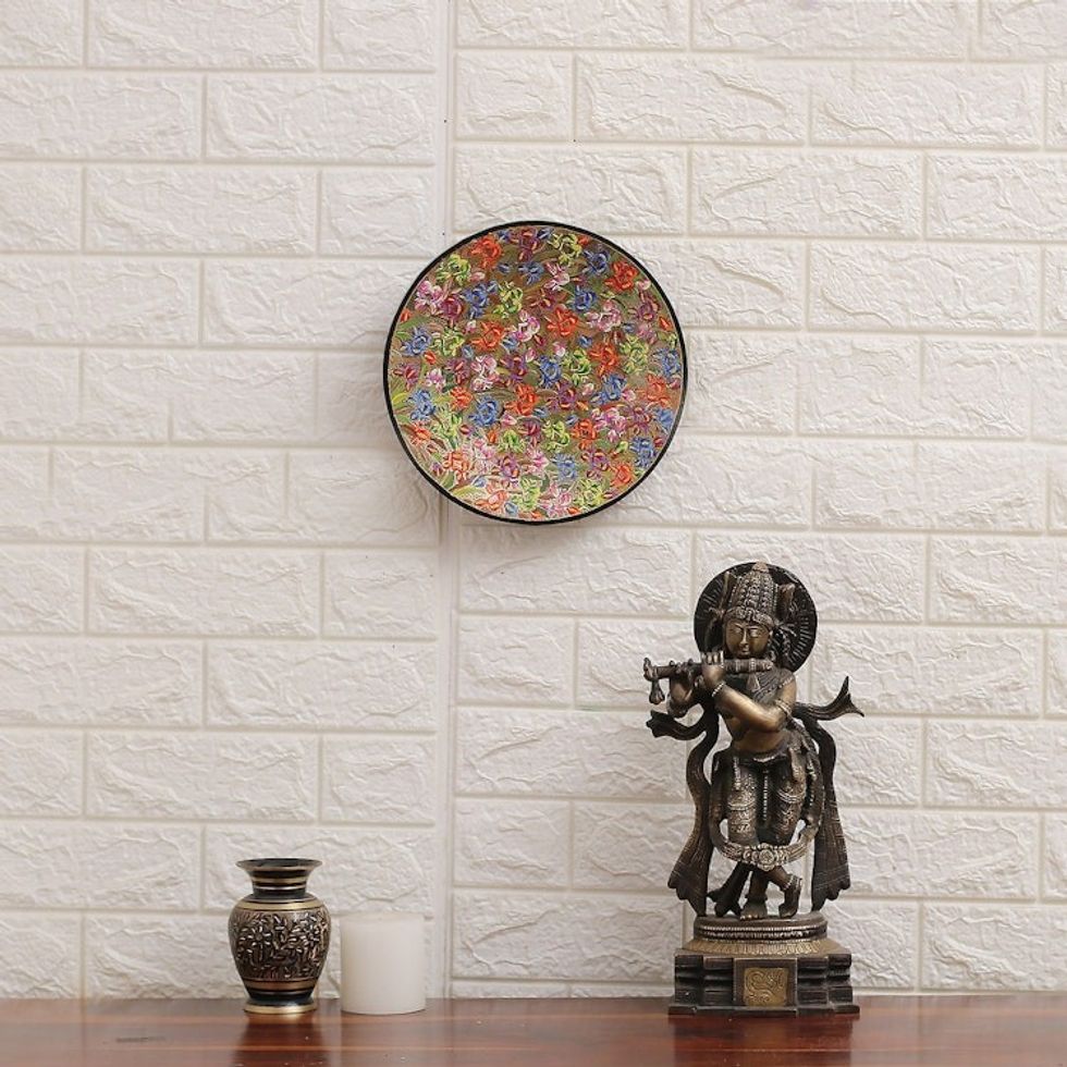 Floral Painted Colorful Round Wood and Papier Mache Panel 'Blooming Sun'