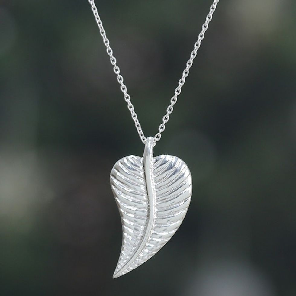 Polished Leaf-Shaped Silver-Plated Brass Pendant Necklace 'Whispers of Nature'