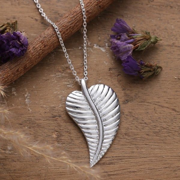Alternate image for Polished Leaf-Shaped Silver-Plated Brass Pendant Necklace Whispers of Nature