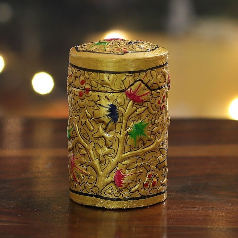 Handcrafted Golden-Toned Leafy Papier Mache Toothpick Holder 'Golden Valley'