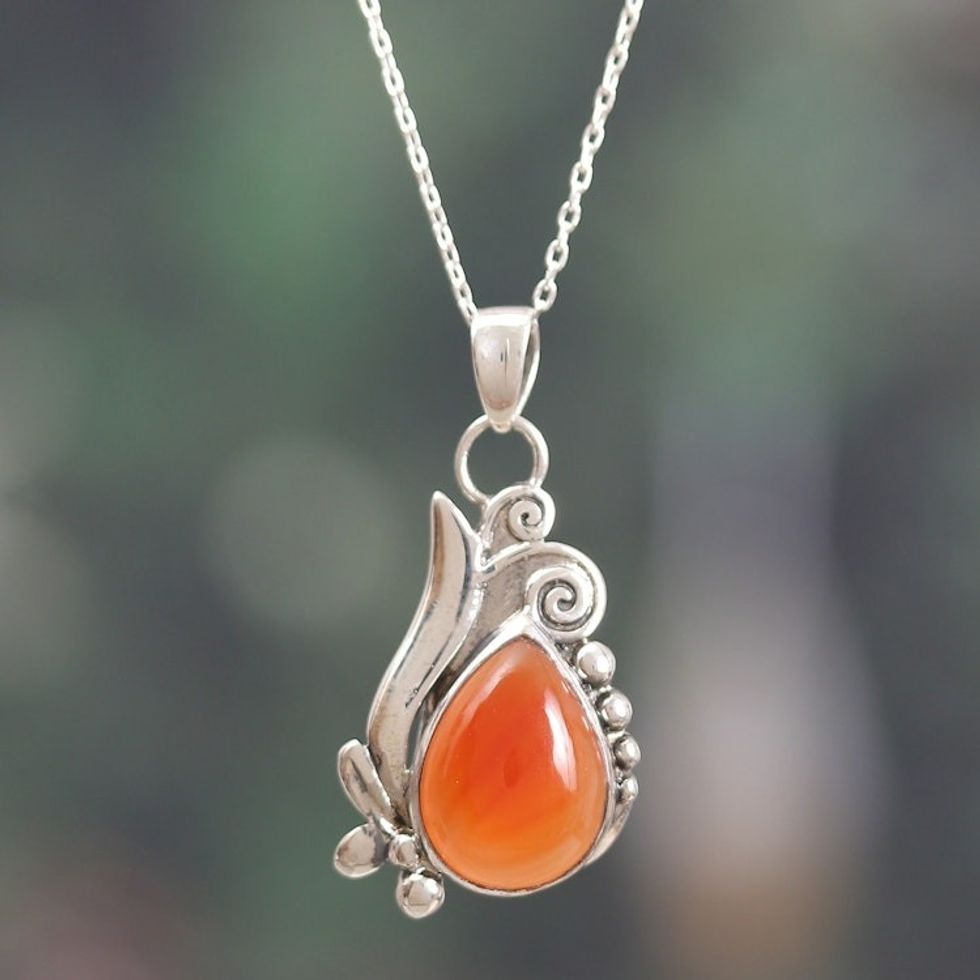 Classic Polished Sterling Silver Carnelian Pendant Necklace 'Grand Sunset'