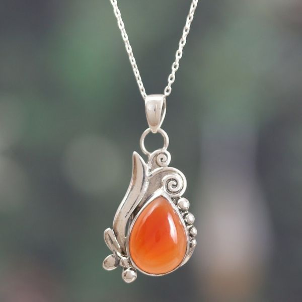 Alternate image for Classic Polished Sterling Silver Carnelian Pendant Necklace Grand Sunset