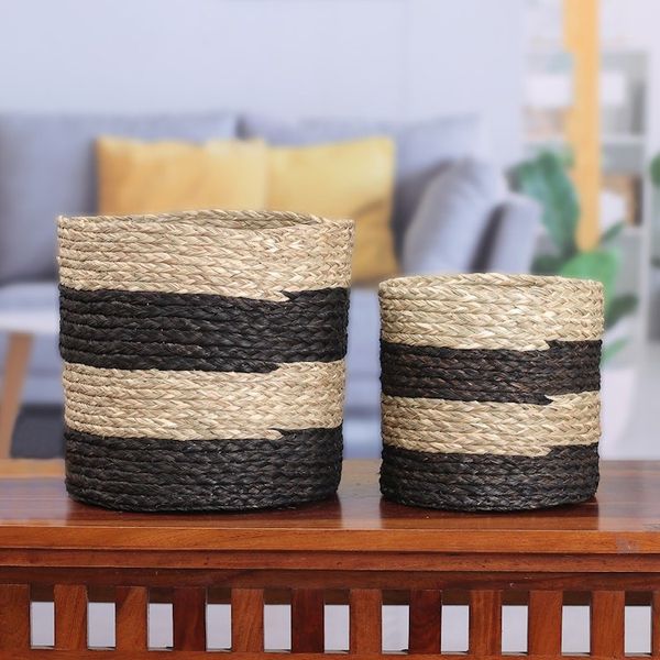 Alternate image for Set of 2 Striped Black and Beige Natural Fiber Baskets Striped Essence