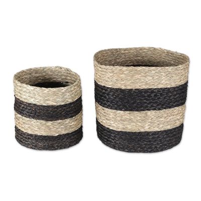 Alternate image for Set of 2 Striped Black and Beige Natural Fiber Baskets Striped Essence