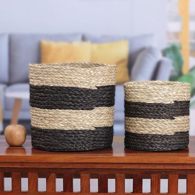 Alternate image for Set of 2 Striped Black and Beige Natural Fiber Baskets Striped Essence