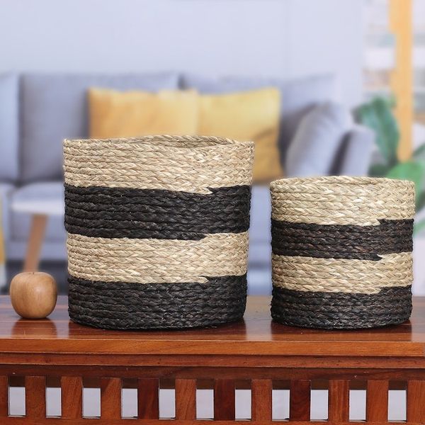 Alternate image for Set of 2 Striped Black and Beige Natural Fiber Baskets Striped Essence