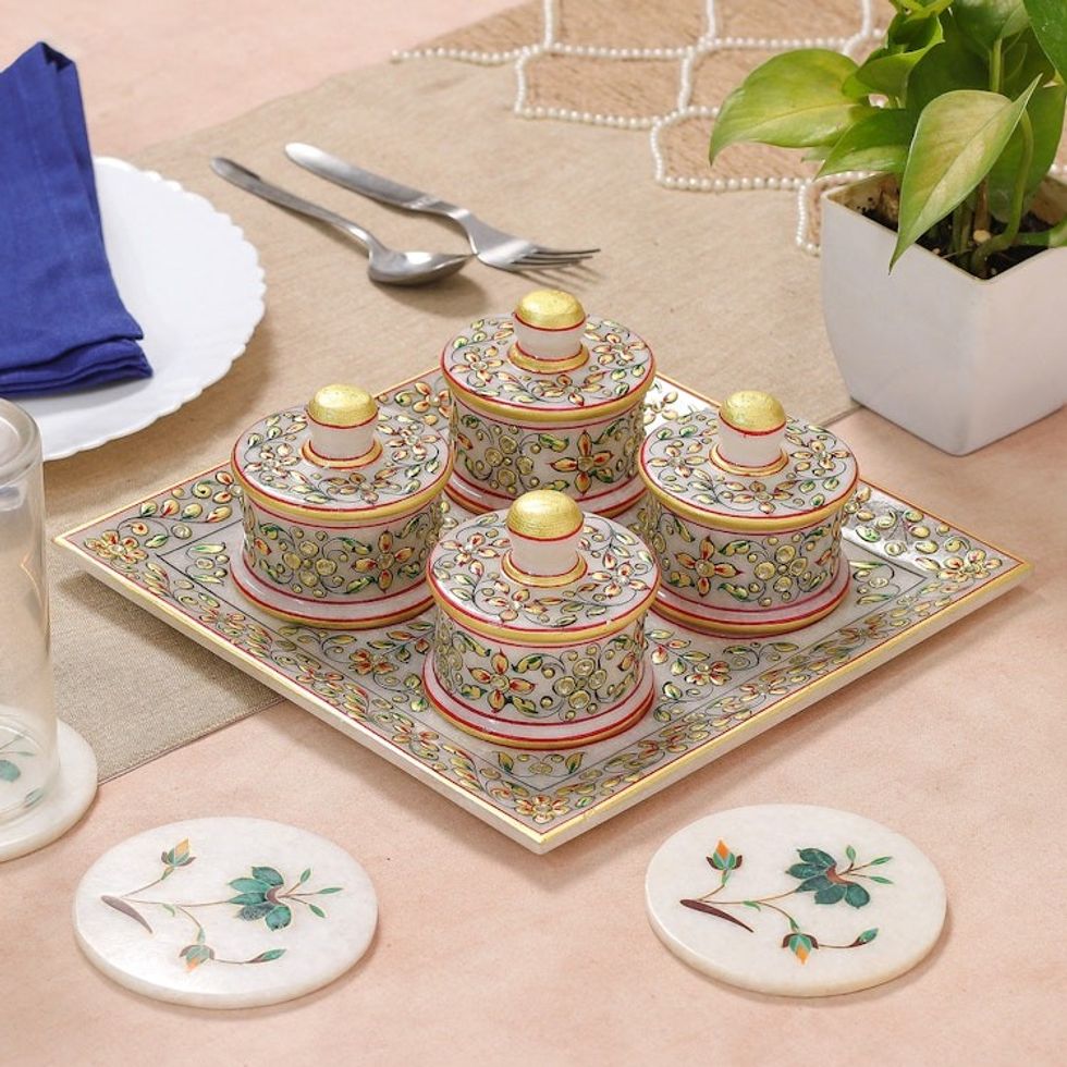 Golden and Red Marble Tray and Covered Bowls 5 Pieces 'Gathering at the Paradise'